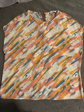 Gilli Abstract Brushstroke Sleeveless Blouse - Coral, Yellow & Blue